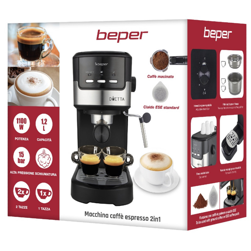 Καφετιέρα Espresso 2 σε 1 με Κάψουλες ESE Pod & Αλεσμένο Καφέ Beper P101CAF100 Καφετιέρα Espresso 2 σε 1 με Κάψουλες ESE Pod & Αλεσμένο Καφέ Beper P101CAF100